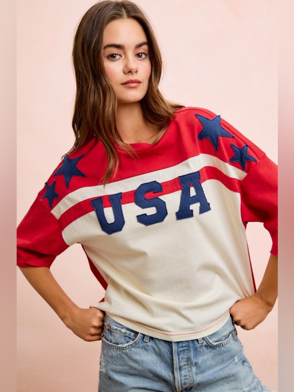 USA Graphic Red and Cream Women's Pullover Top 4TH PATCHWORK SHORT L